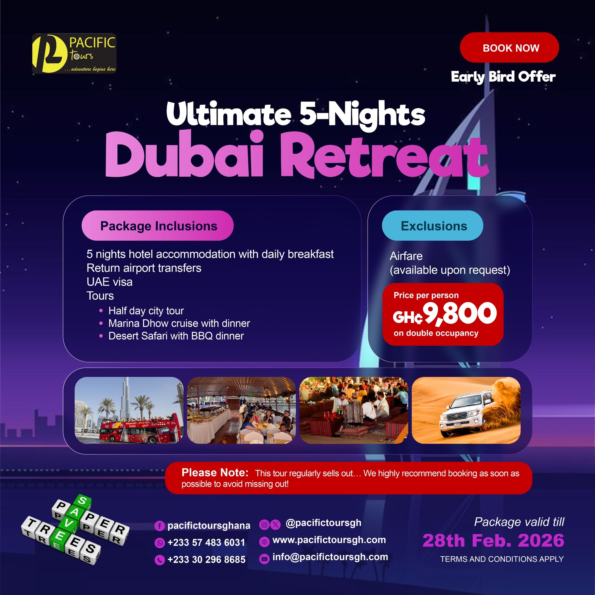 New Year vibes are here… and Valentine’s is just around the corner ❤️🇦🇪Start 2026 right and surprise your loved one with the Ultimate 5-Nights Dubai Retreat ✨
Romantic moments, desert adventures, city lights — Dubai does it all.💰 GH¢9,800 per person (double occupancy)
🔥 Fast selling | Early Bird Offer
📆 Valid till 28th Feb, 2026This is your sign — book now before slots run out!📞 Call or WhatsApp: +233 57 483 6031
🌐 Visit: www.pacifictoursgh.com to explore more exciting packages#PacificToursgh #TravelWithPacificTours #PacificToursGHTourExperiences #PacificToursGHTakesUsThere #DiscoverDubai #ExploreMore #LuxuryTravel #DubaiAdventures #SummerInDubai #DubaiDreams #ExploreWithUs
