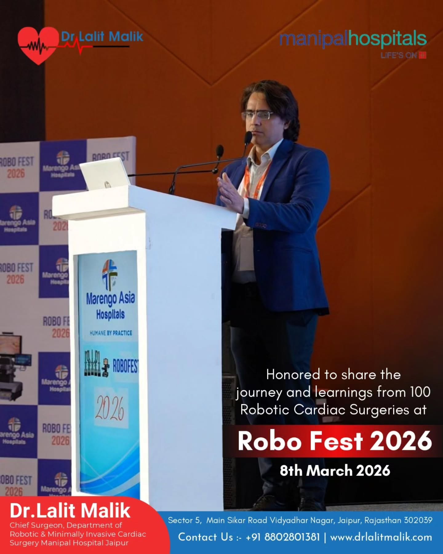 Had the privilege of presenting 𝐌𝐲 𝐄𝐱𝐩𝐞𝐫𝐢𝐞𝐧𝐜𝐞 𝐨𝐟 𝟏𝟎𝟎 𝐑𝐨𝐛𝐨𝐭𝐢𝐜 𝐂𝐚𝐫𝐝𝐢𝐚𝐜 𝐒𝐮𝐫𝐠𝐞𝐫𝐢𝐞𝐬 at 𝐑𝐨𝐛𝐨 𝐅𝐞𝐬𝐭 𝟐𝟎𝟐𝟔 on 8th March 2026 at the Grand Ballroom, Radisson Blu Hotel, Faridabad #RoboticCardiacSurgery
It was a great opportunity to share insights from this journey, discuss the evolution of 𝐑𝐨𝐛𝐨𝐭𝐢𝐜 𝐂𝐚𝐫𝐝𝐢𝐚𝐜 𝐒𝐮𝐫𝐠𝐞𝐫𝐲, and highlight how advanced robotic techniques are improving precision, reducing surgical trauma, and enabling faster recovery for patients.
Grateful for the engaging discussions and the opportunity to interact with fellow surgeons and experts who are collectively shaping the future of cardiac care.