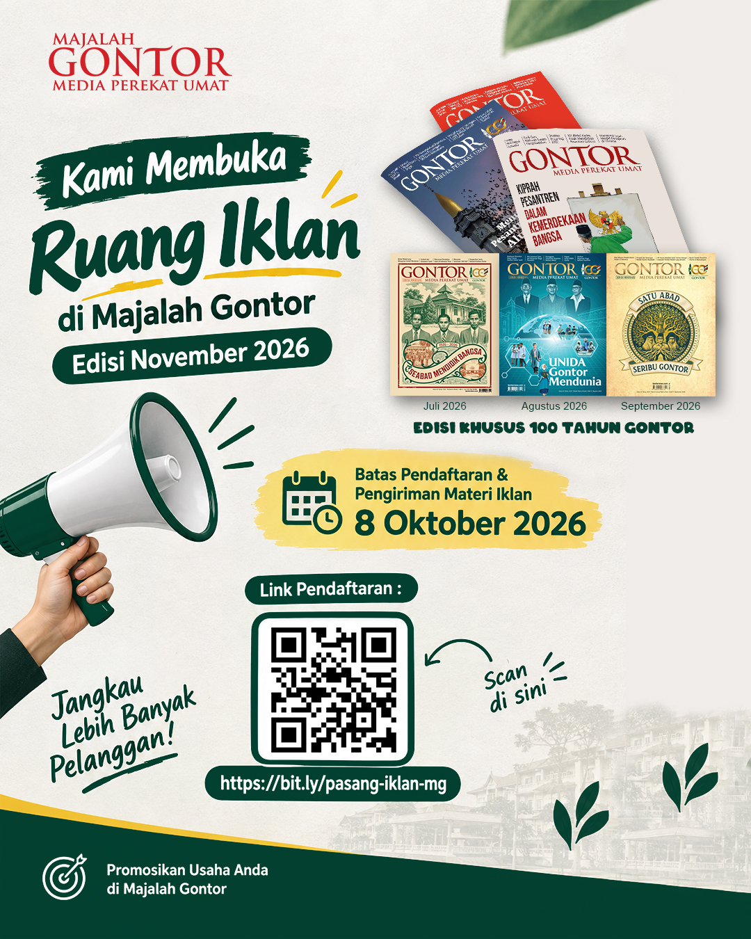 Bismillah, bagi yang ingin mempromosikan usahanya di Majalah Gontor edisi November silahkan daftar dan cek paketnya pada link https://bit.ly/pasang-iklan-mg atau scan barcode pada gambar.
#majalahgontor #gontornews Bismillah, bagi yang ingin mempromosikan usahanya di Majalah Gontor edisi November silahkan daftar dan cek paketnya pada link https://bit.ly/pasang-iklan-mg atau scan barcode pada gambar.
#majalahgontor #gontornews